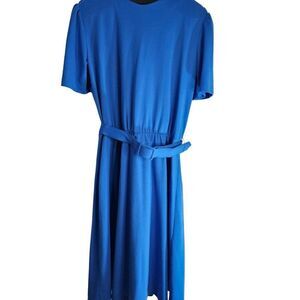 Vintage 80s Tabby Dress Womens Size S Blue Belted Button Shoulders Soft Knit